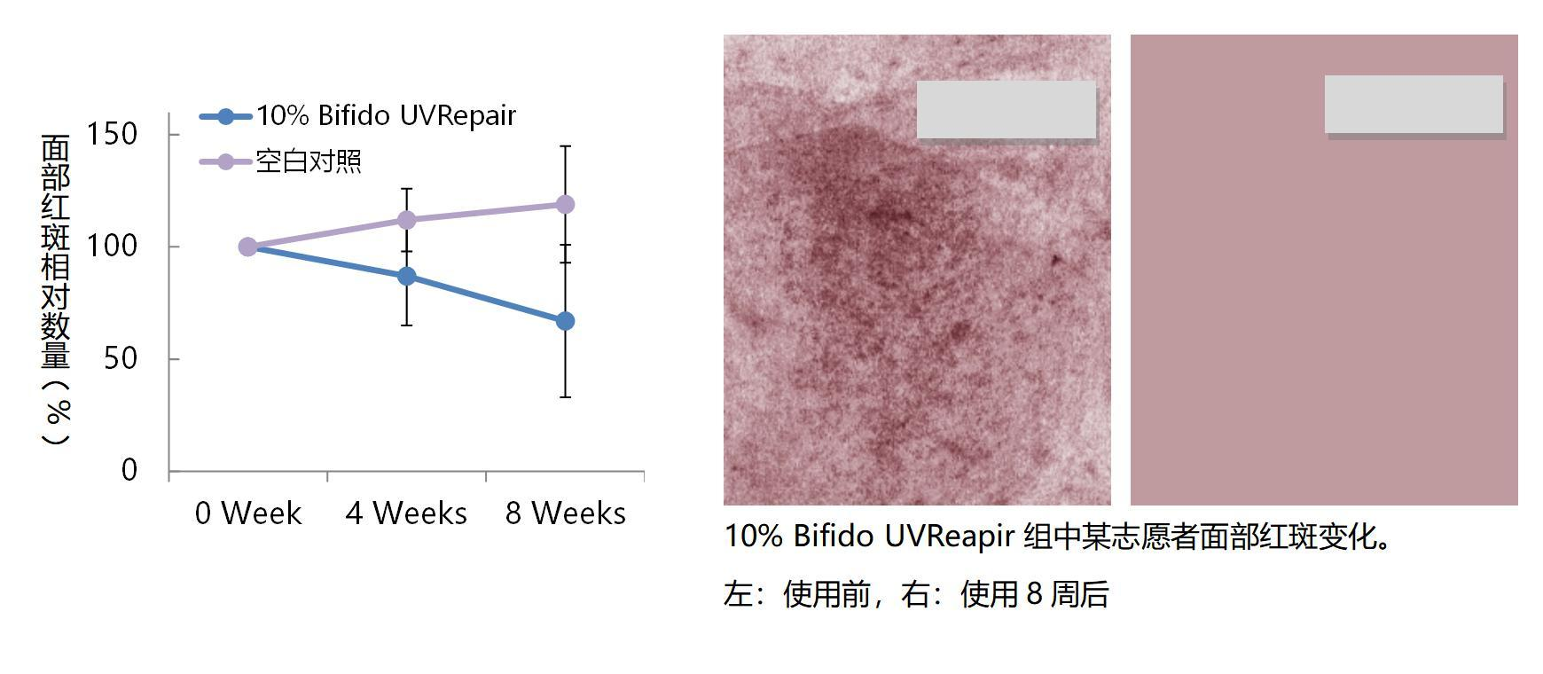 夏季 8 周人体试用测试结果,10% UVRepair 精华组面部红斑相对数量由 100% 降至约 65%,空白对照组上升至约 120%,并附志愿者使用前后对比