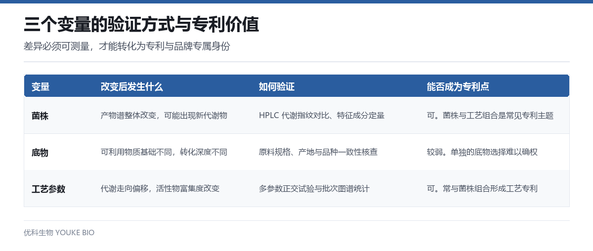 三个变量的验证方式与专利价值对照表:菌株、底物、工艺参数