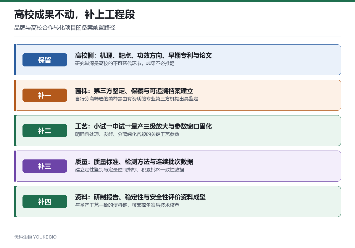 高校成果保留与工程段补齐的五层结构:保留高校研究、补菌株、补工艺、补质量、补资料