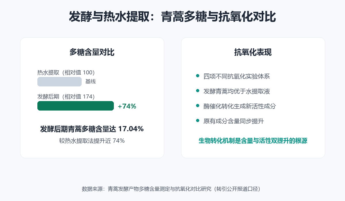 发酵与热水提取对比:青蒿多糖含量17.04%、较水提取提升近74%,四项抗氧化实验均优于水提取液