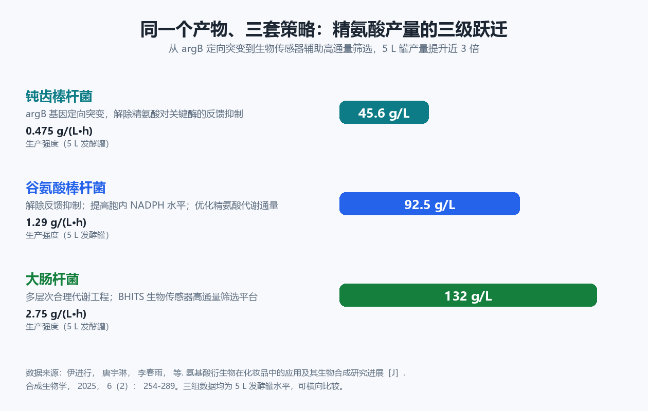 精氨酸在5L发酵罐中45.6、92.5、132 g/L的三级产量跃迁