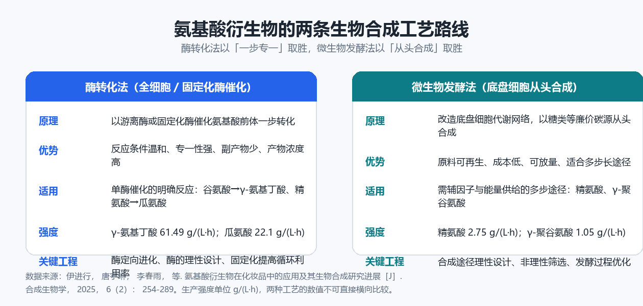 氨基酸衍生物的酶转化法与微生物发酵法两条工艺路线对比