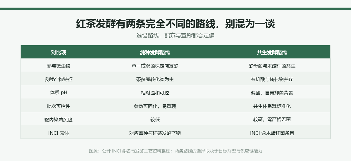 红茶发酵两条技术路线对比:纯种定向发酵与红茶菌共生发酵,在参与微生物、产物特征、pH、批次可控性、染菌风险与 INCI 表述上的差异